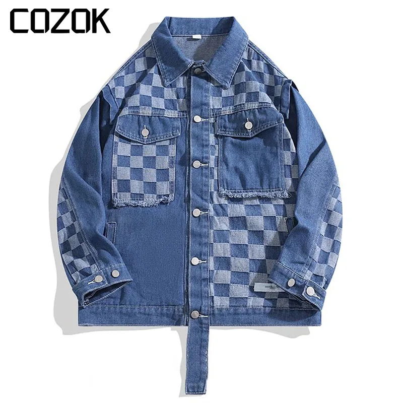 

Корейская модная джинсовая куртка в стиле пэчворк для мужчин, Весенняя Свободная куртка с шахматным принтом, Повседневная бейсбольная верхняя одежда унисекс