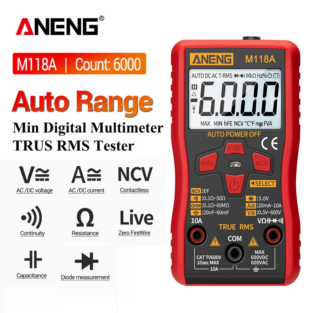 

ANENG M118A Digital Mini Multimeter Tester Auto Mmultimetro True Rms Tranistor Meter with NCV Data Hold 6000counts Flashlight