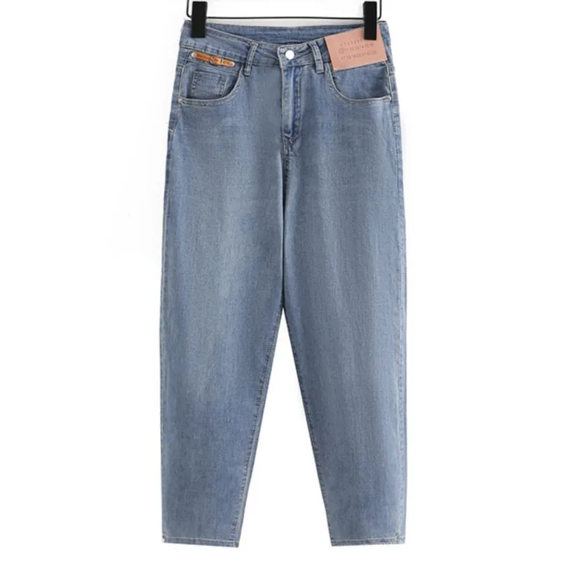 

Plus Size Women Jeans Oversized Curve Clothes Fashion Leather Label Slim Thin Denim Harem Pants Summer 2023