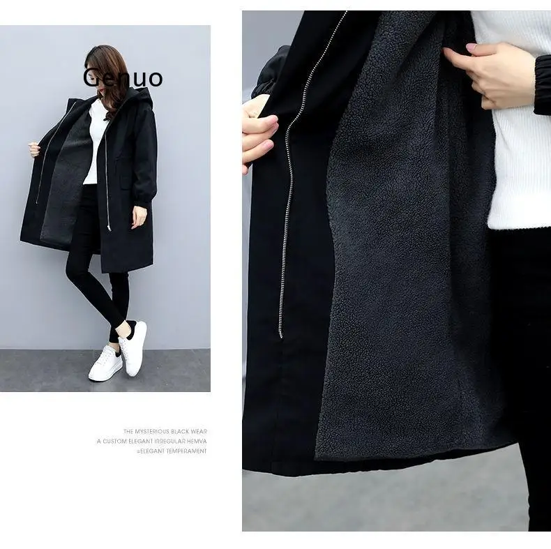 Trench Coats Women Autumn Winter Hooded Drawstring Pocket Zipper Long Outwear  Elegant Ladies Thicken Windbreaker Coats