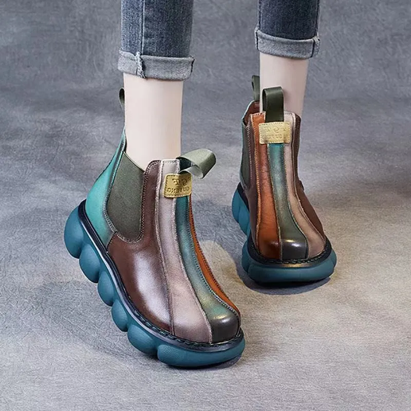 Original Design Women Leather Short Boots,Female Botas,Platform Shoes,Round Toe,British Style,Side Zip,GREEN,BROWN,Dropship