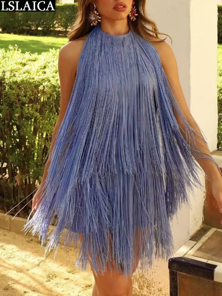 

Fashion Woman Dresses Halter Women's Elegant Slim Backless Party Blue Gala Tassel Design New IN Evening Sexy Summer Dress 2023