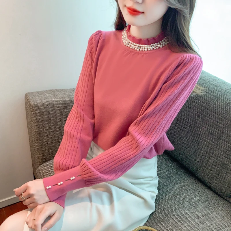 

Fashion Simplicity Beading Spliced Knitted Tops Autumn Winter Long Sleeve Commuter All-match Round Neck Solid Color Sweaters