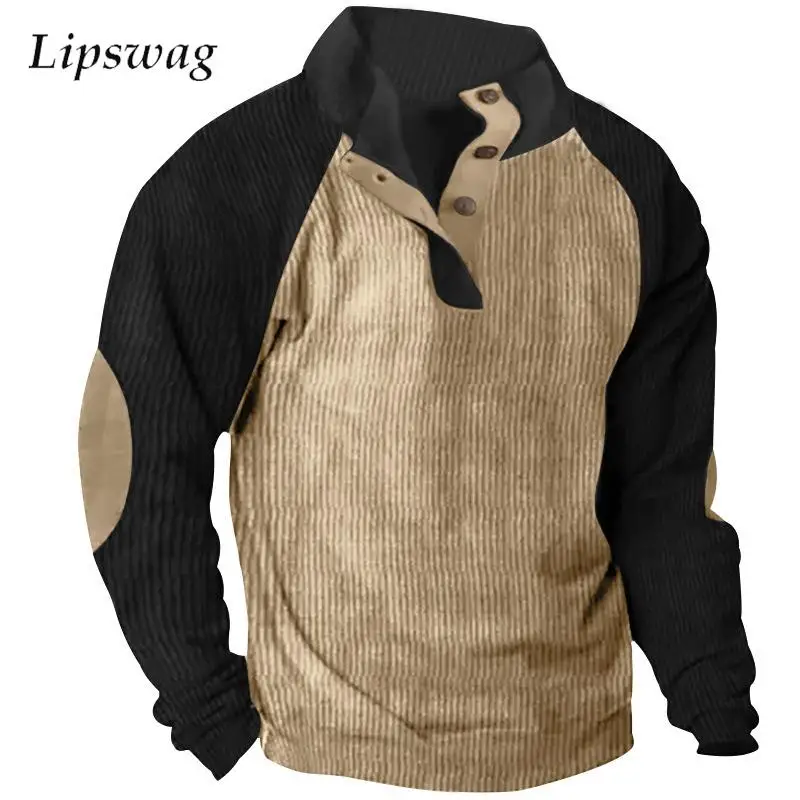 

Модные Лоскутные Топы с длинным рукавом, мужские повседневные винтажные вельветовые свитшоты в рубчик контрастных цветов с воротником-стойкой