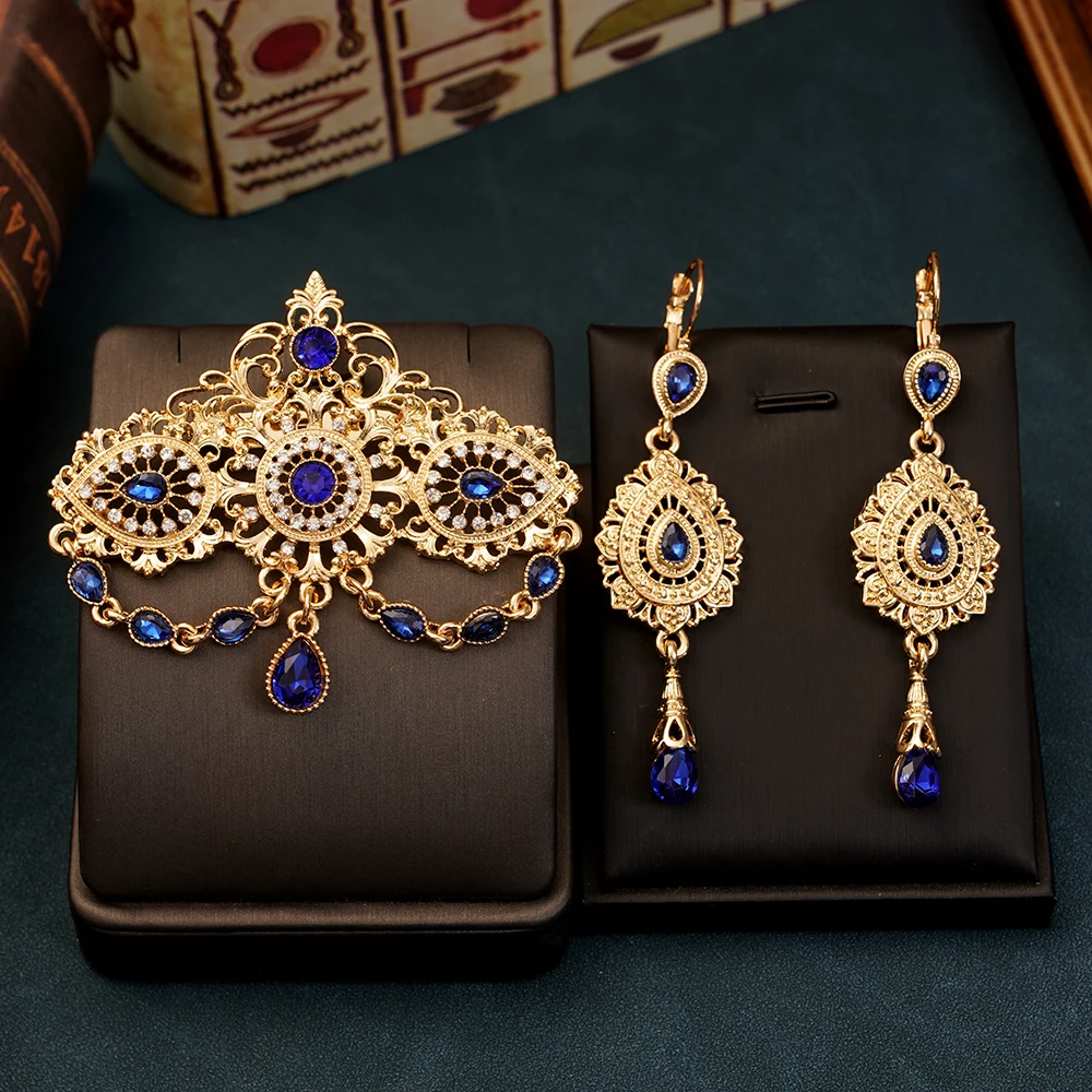 

Arabic Trendy Jewelry Brooch Pins with Green Red Rhinestone Gold Plated Hajib Pins Classic Water Drop Brooches Bijoux Marocain