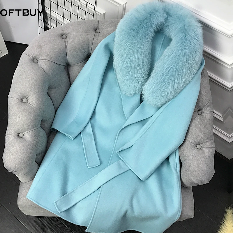 

Aoottii 2022 Real Fur Coat Winter Jacket Women Natural Fox Fur Collar Cashmere Wool Blends Long Outerwear Belt Ladies Streetwear