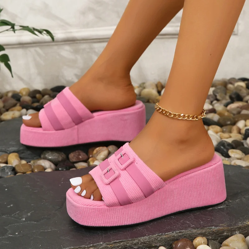 

Summer Casual Women Sandals Platform Wedge High Heels Beach Walking Shoes Women Slippers Fashion Double Buckle Pink Women Shoes