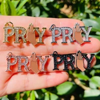 5pcs praying hands pray word charm for women bracelet making zirconia pave letters pendant necklace handcraft jewelry diy supply
