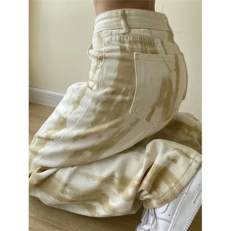 2023 spring apricot color smudged wide-leg jeans women's Korean version high waist straight loose loose drape slim mopping pants