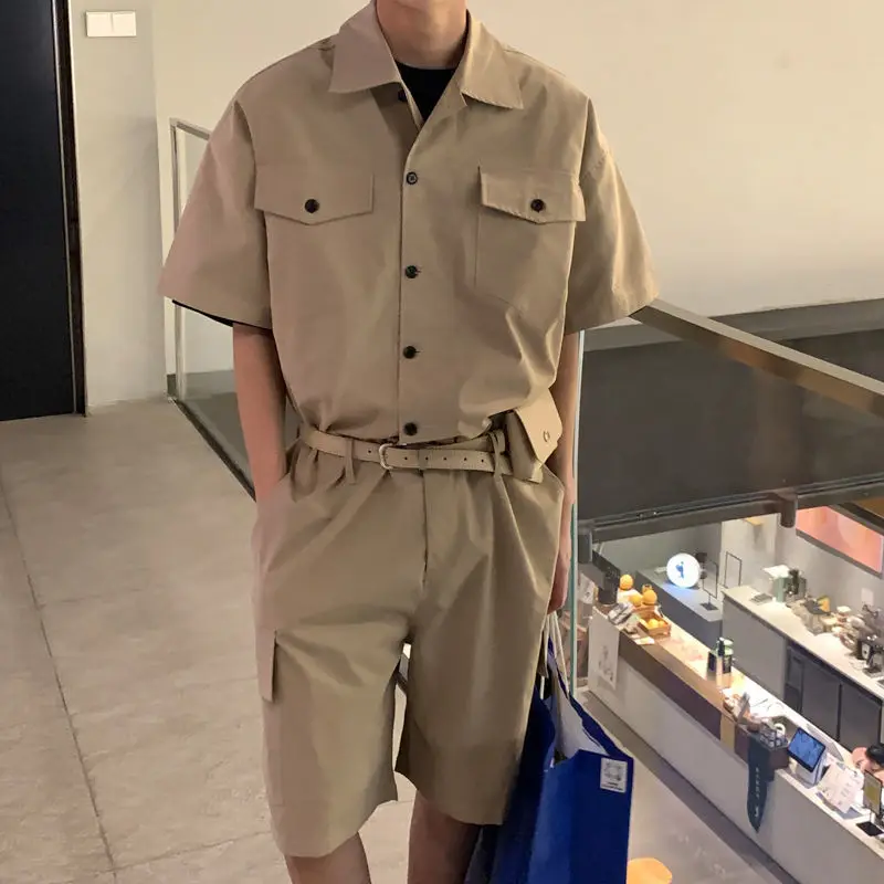 

Khaki Vintage Overalls Men Summer New Couple Work Jumpsuit Shorts Fashion Hong Kong Casual Short Sleeve Male Clothing Oversized