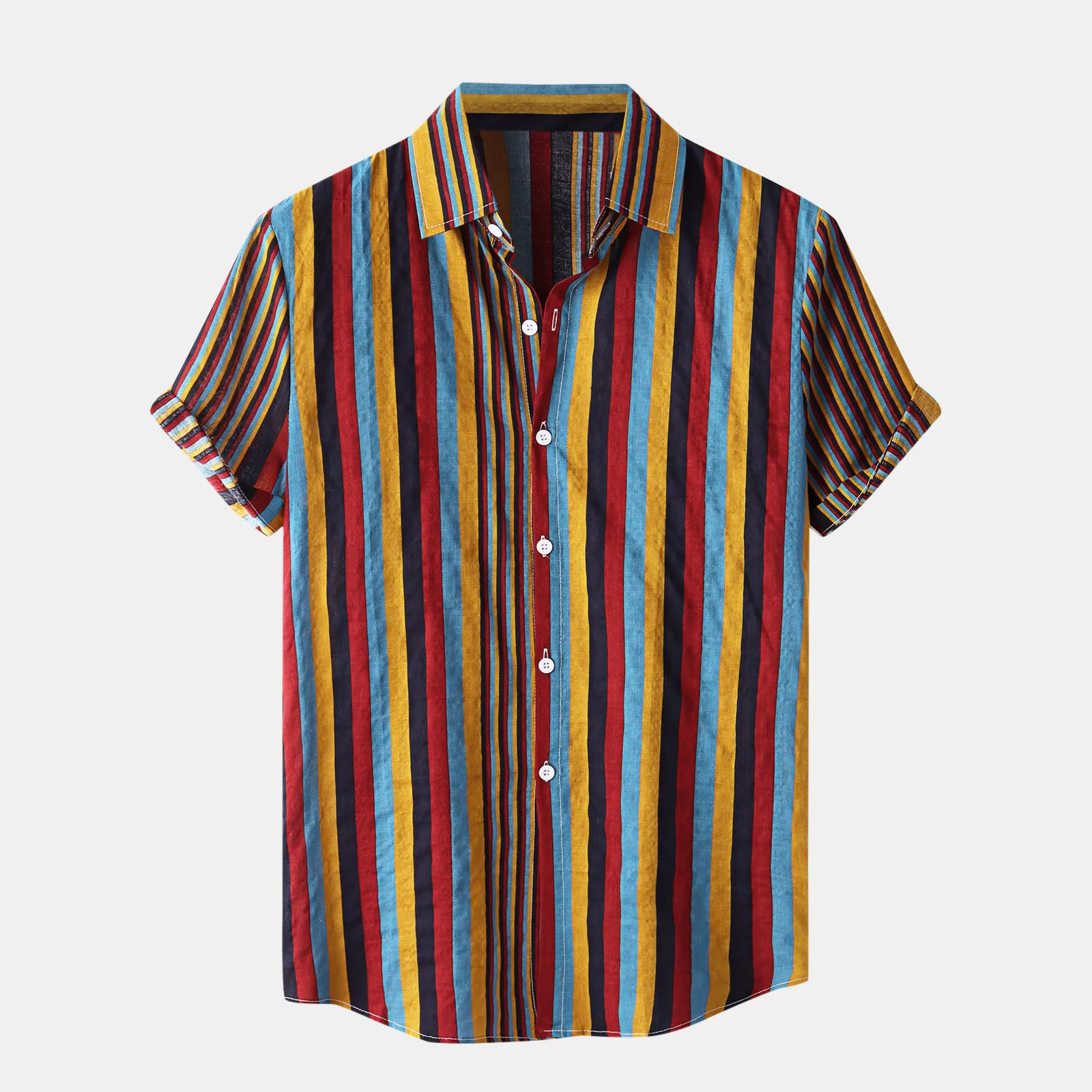

Turn-Down Shirt Casual Men's Collar Button Short Daily Stripe Sleeve Vertical Casual White shirt Harjauku Overshirt All-