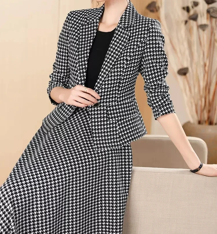 Women Plaid Grey Long Sleeve Short Blazers and High Waist Long Midi Skirt Vintage Houndstooth 2 Piece Sets Female Elegant Suit