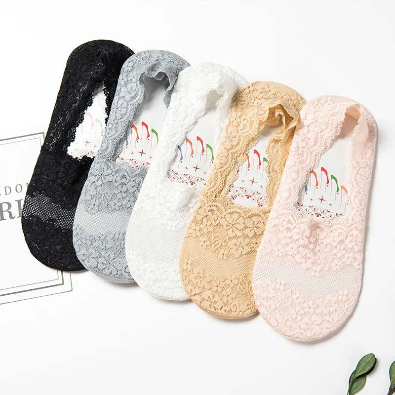 Summer Ladies lace Boat Cotton Thin Socks Silicone non-slip girl Low Help thin embroidered socks breathable Boat cotton Socks