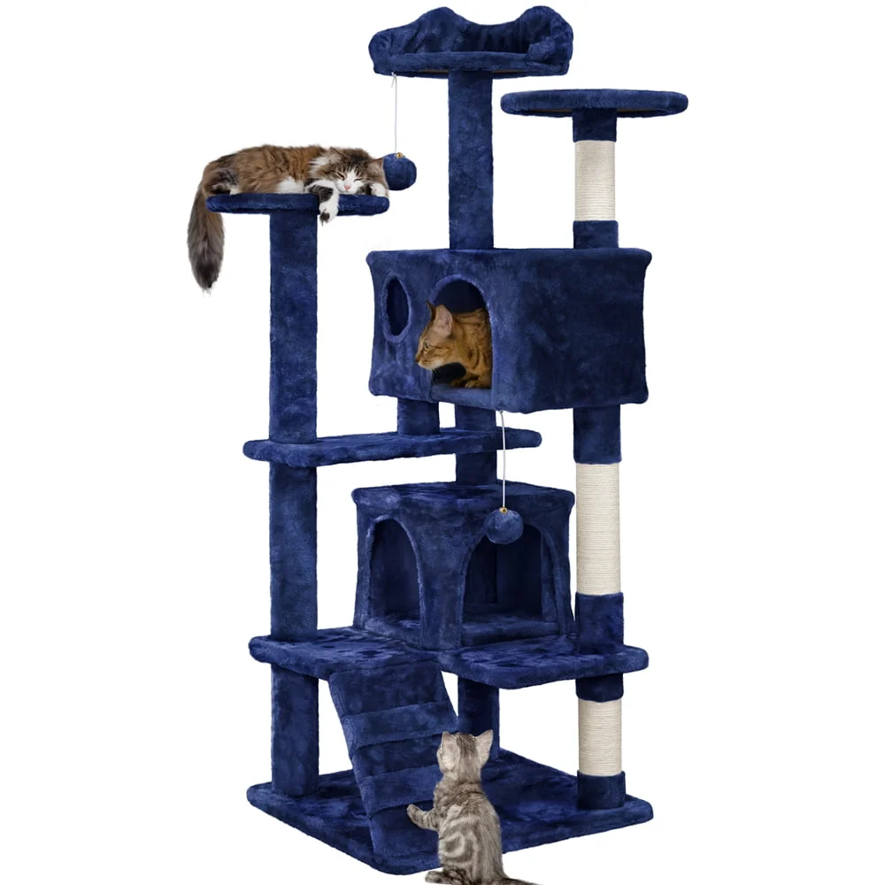 

54" H Cat Tree Tower with 2 Condos for Small and Medium Cats, Navy Blue, Cat Supplies, Cat Climbing Frame, Cat Toys