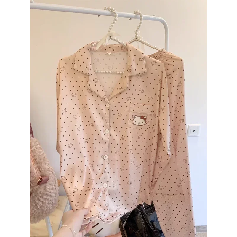 Sanrio Hello Kitty шелковые пижамы женские осенние удобные повседневные из ледяного