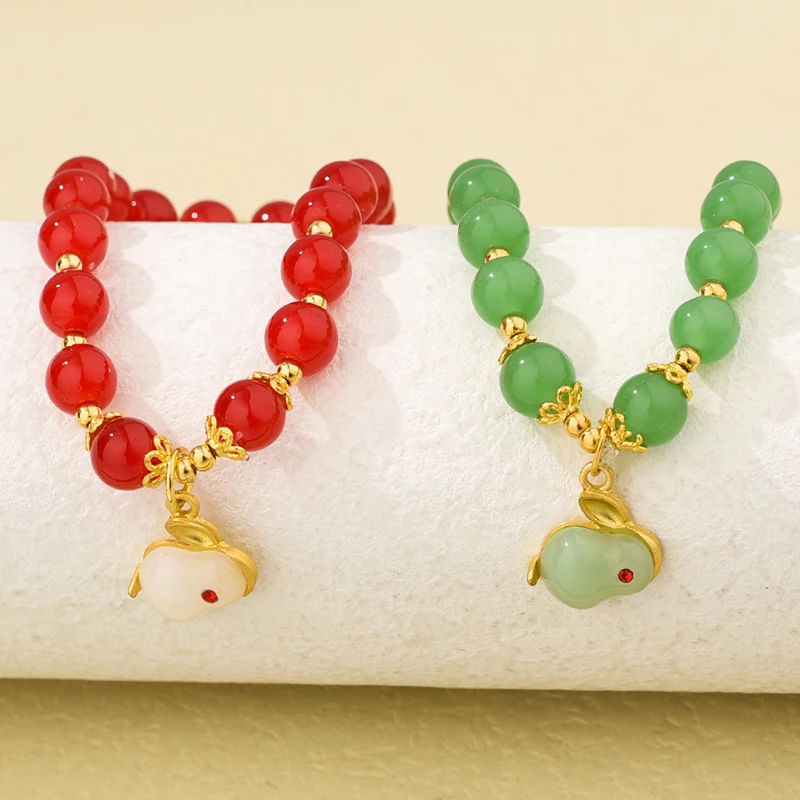 

2023 Rabbit Year Bracelet Women Luxury Bunny Glass Bead Charm Bracelets Vintage Fake Hetian Jade New Year Bangles Jewelry Gifts