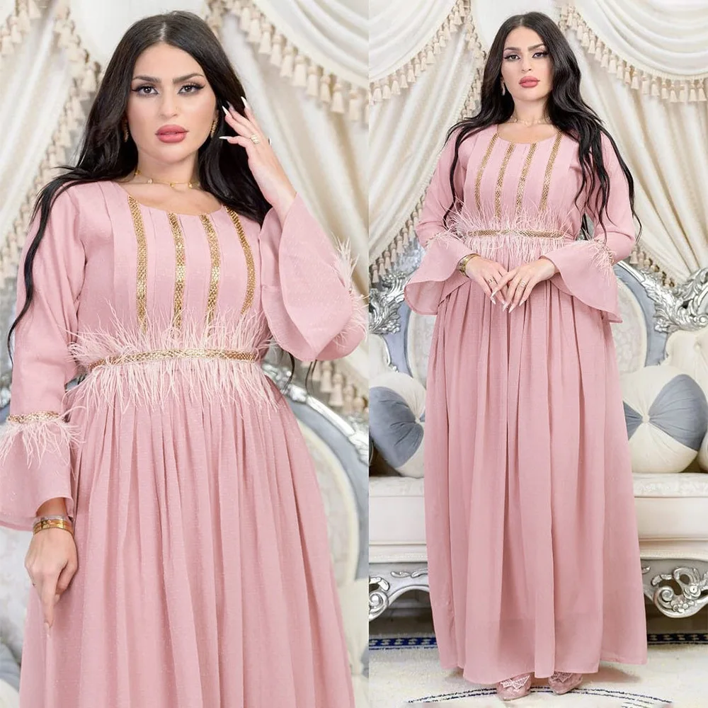 

Women's New Summer Muslim Feather Hot Diamond Chiffon with Belt Round Neck Skirt Turkish Abaya Arab Islamic Women's Kaftan Gown