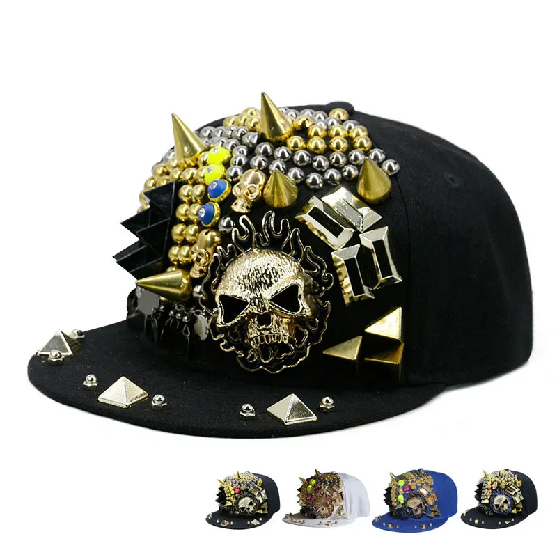 

Punk Hip Hop Hipster Male Female Flame Big Ghost Head Flat Brim Cap Rivet Baseball Cap Skull Hip Hop Hat Show Hat Baseball Caps