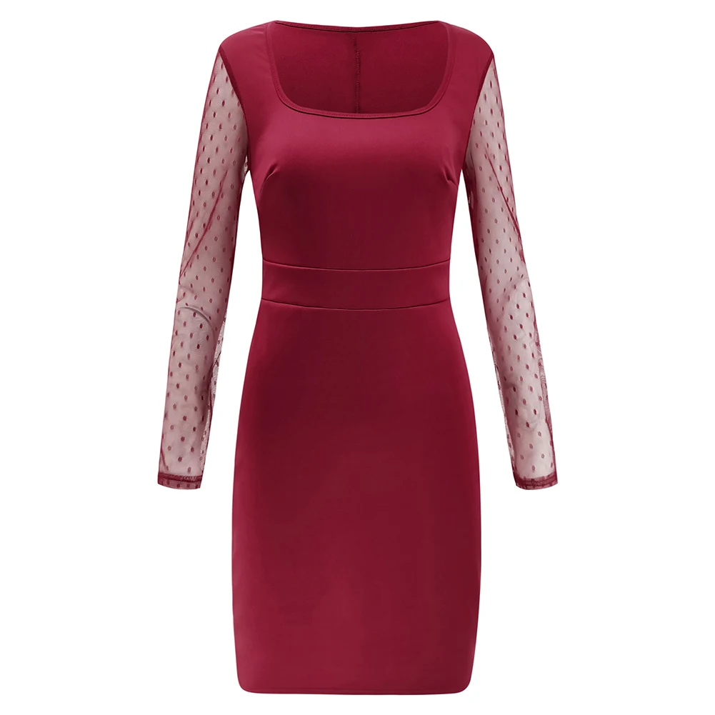 

Fashion Trend Mesh Chic Women Dresses Cultivate Oneself Long Sleeve Bag Hip Stitching Dot Square Collar One-Step Dress