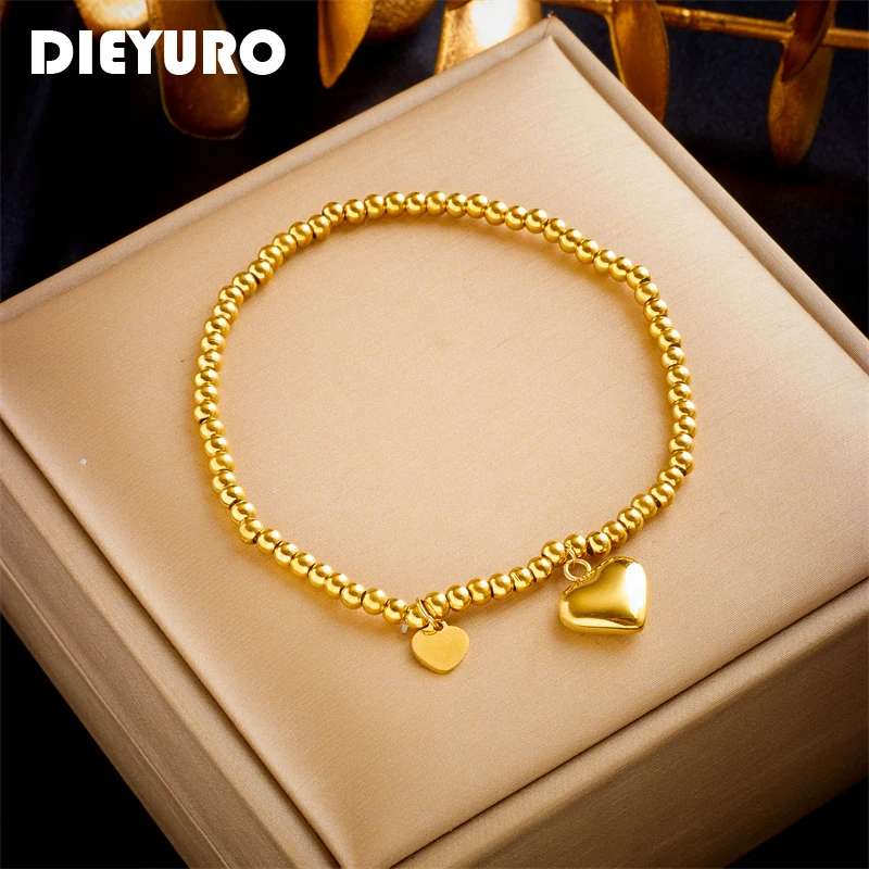 

DIEYURO 316L Stainless Steel Gold Color Heart Beaded Bracelet For Women Girl New Trend Bangles Non-fading Jewelry Gift Party