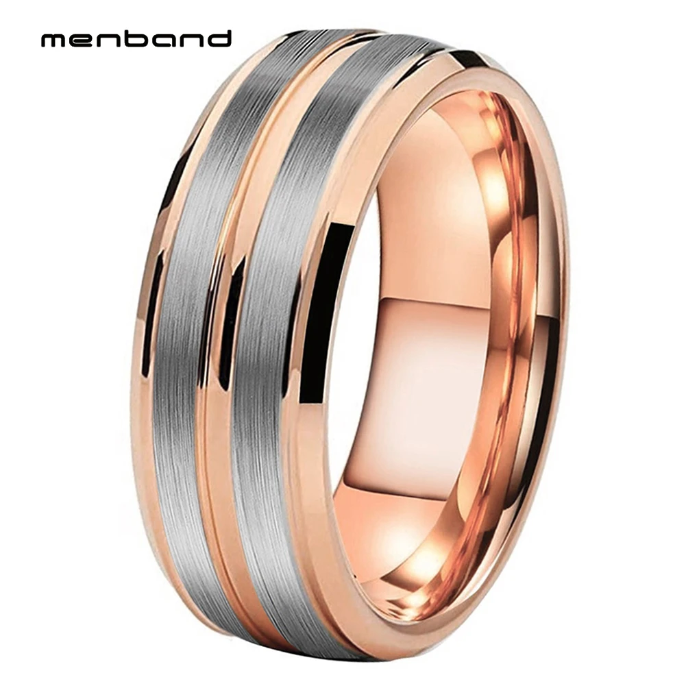 

Men Tungsten Wedding Ring Women Wedding Band With Bevel Edges And Groove Band Silvery Brushed 8MM Comfort Fit