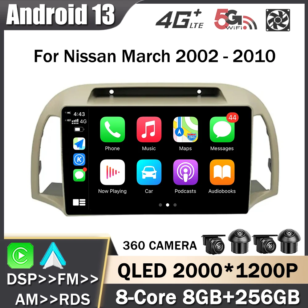 

Автомагнитола 2 DIN на Android 13 для Nissan March 2002-2010, мультимедийный плеер с радио, GPS-навигацией, Carplay, 4G, Wi-Fi, без DVD