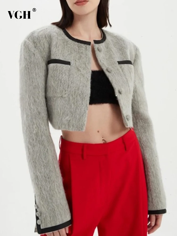 

Женская короткая куртка с круглым вырезом VGH, однобортная куртка составного кроя с длинными рукавами и карманами в Корейском стиле на осень,...