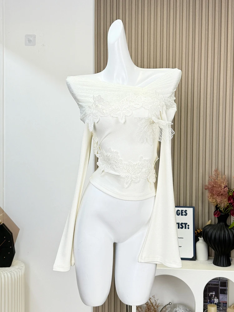 Осень-зима женская французская винтажная футболка Shoujo Girl кружевной укороченный