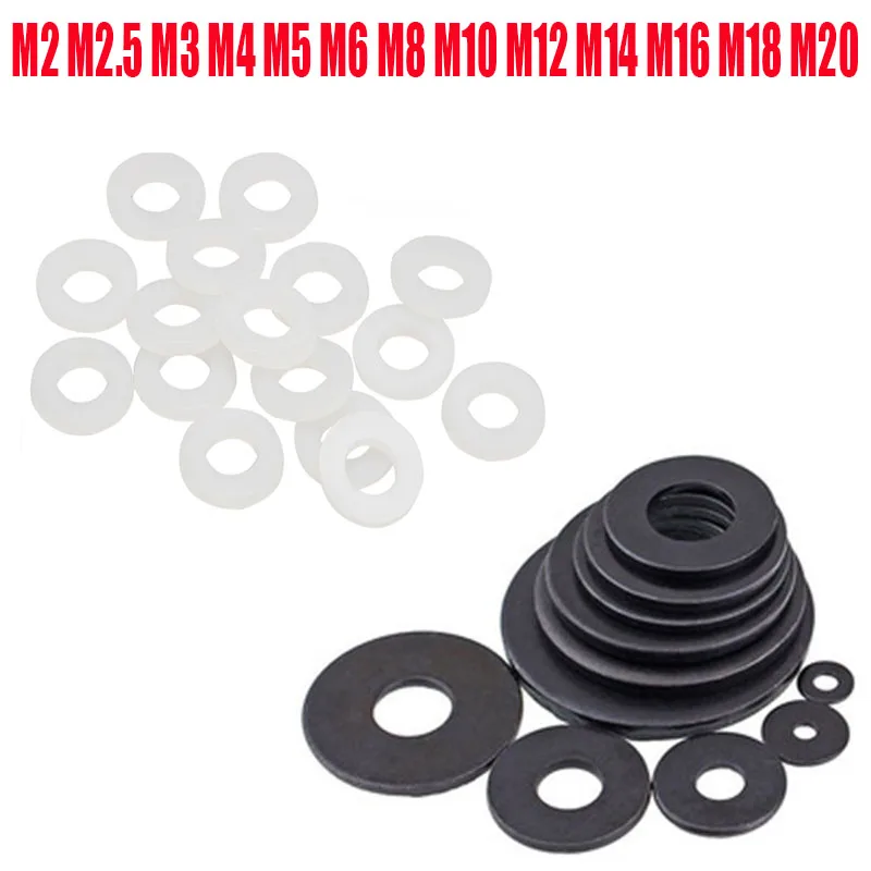 

M2 M2.5 M3 M4 M5 M6 M8 M10 M12 M14 M16 M18 M20 Nylon Washers Plastic Insulation Spacers Seals Black White 50PCS Set Gasket Ring