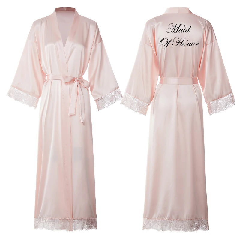 Long Silk Robes Satin Lace Robe Blush Robes Customized Bride Team Robes Spring Mariage Wedding Morning Robe