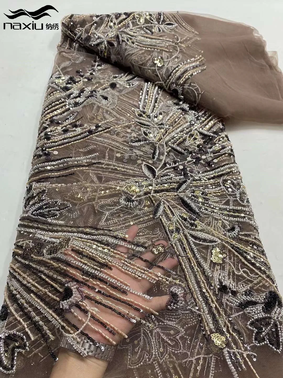 Роскошная кружевная ткань Madison с блестками и бусинами для свадьбы новый дизайн 2024