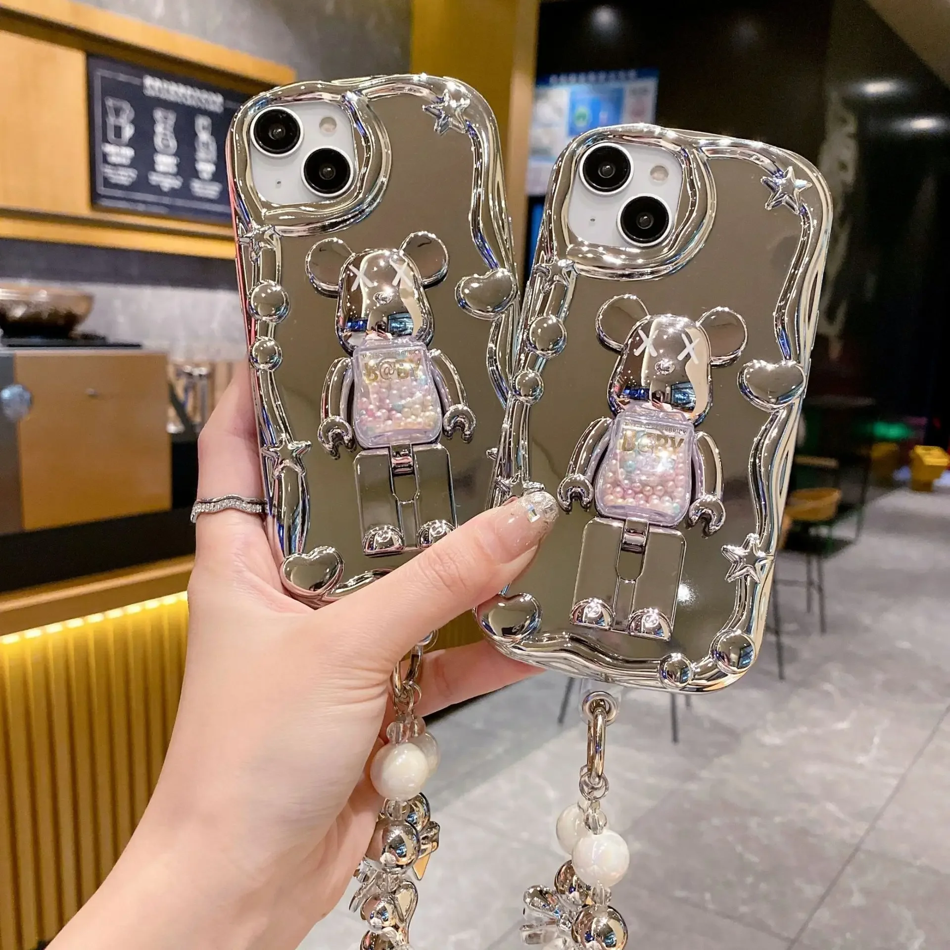 Модный чехол для телефона Violent XX Bear Bracket с гальваническим зеркалом iPhone 16 15 14 13 12 11 Pro