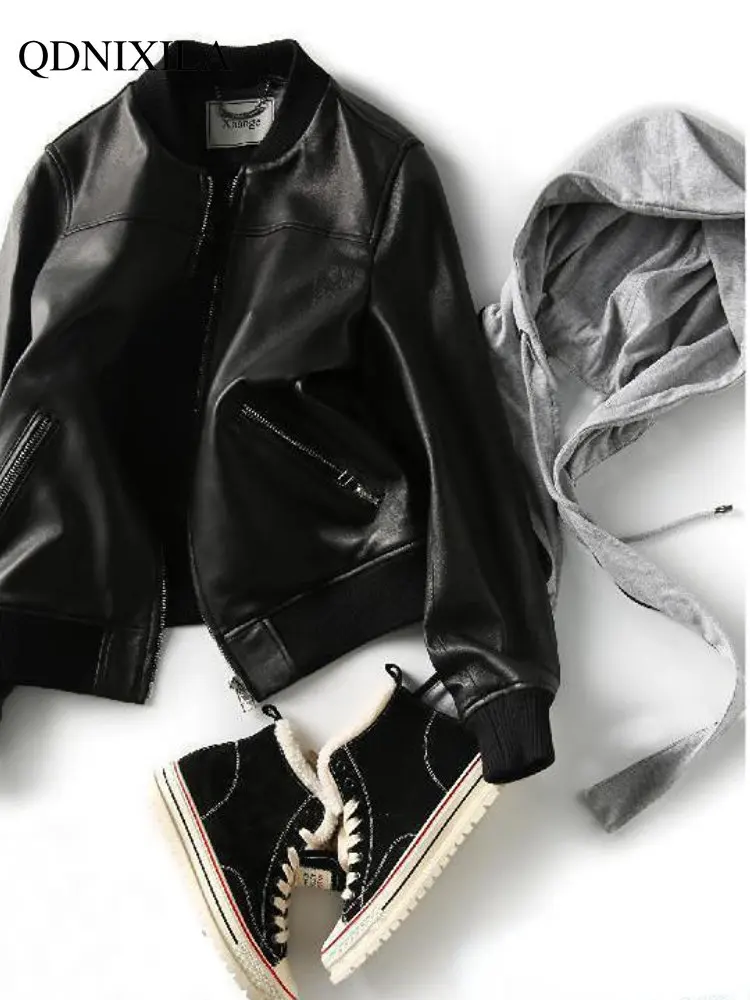 Women's Leather Jacket 2023 Spring Jacket Women New Outerwear  Korean Fashion Fake Two-piece Hooded Thickening Female Jacket