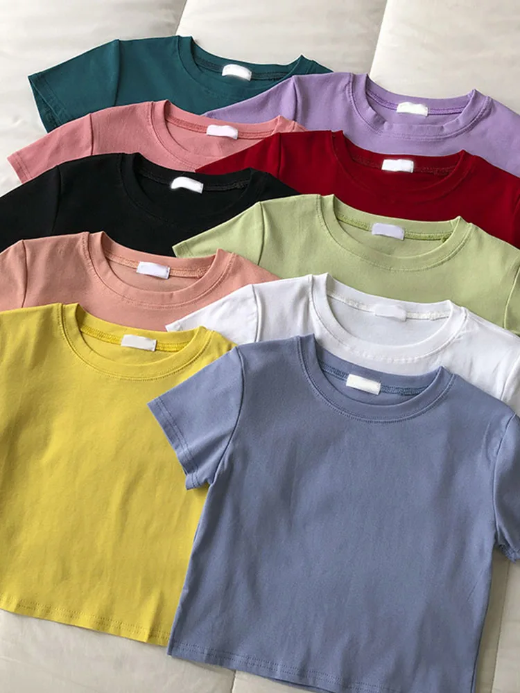 

Summer Women Short Sleeve Cropped Tee Shirts Lady Solid Soft Thin Simple Elastic Crop Tops T-shirts