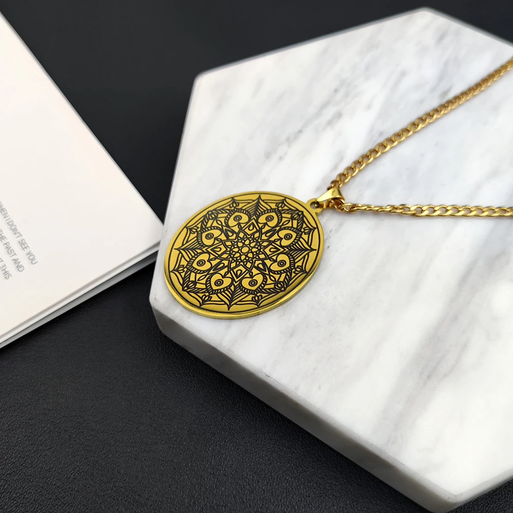 

Fashion Ladies Gold 3mm Cuban Chain Stainless Steel Necklace Mandala Flower Pattern Pendant Necklace Jewelry Gifts for Best Self