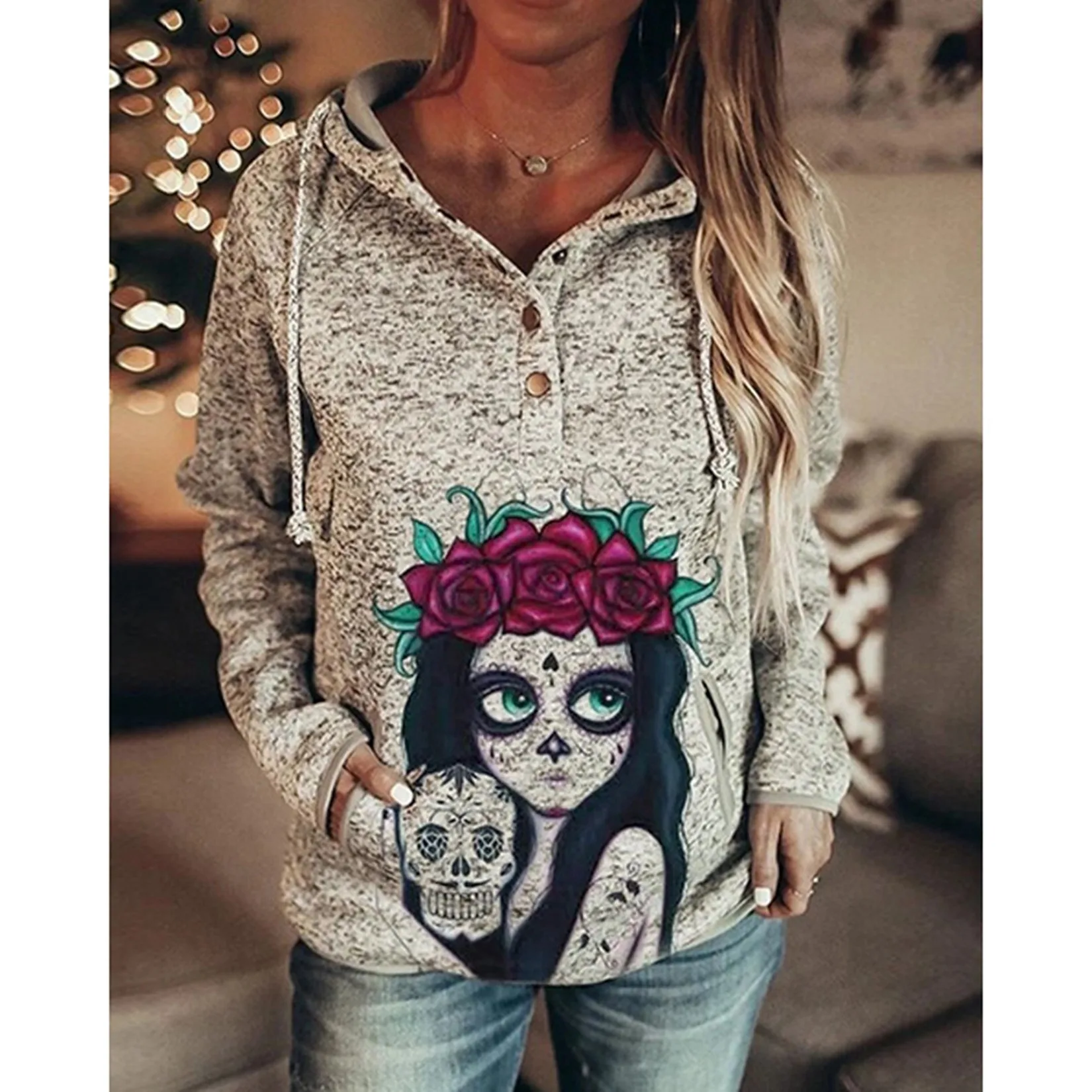 Women's Halloween Hoodie Pullover 3d Print Hooded Sweatshirt Button Down Sweatshirts Tops