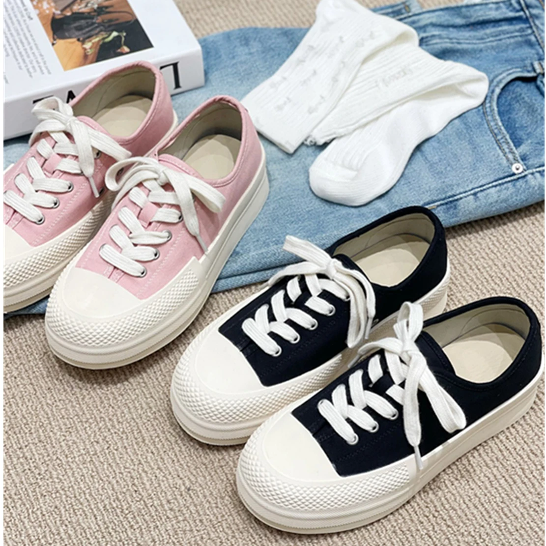 

Увядшие 2023 весенне-летние модные контрастные парусиновые туфли Ins блогеры ретро на толстой подошве увеличенные повседневные женские туфли ...