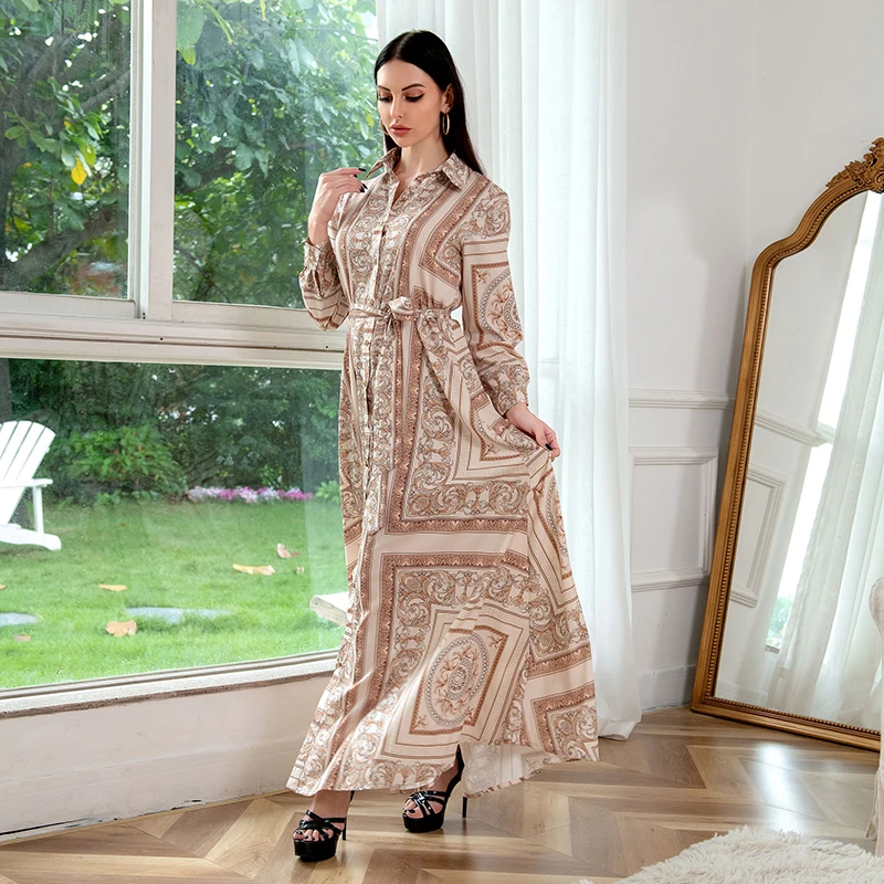 Women's Muslim Abaya Dubai Dress 2022 Printed Long Sleeve Maxi Islamic Moroccan Arabic Turkey New Jalabiya Dresses For Eid Robe