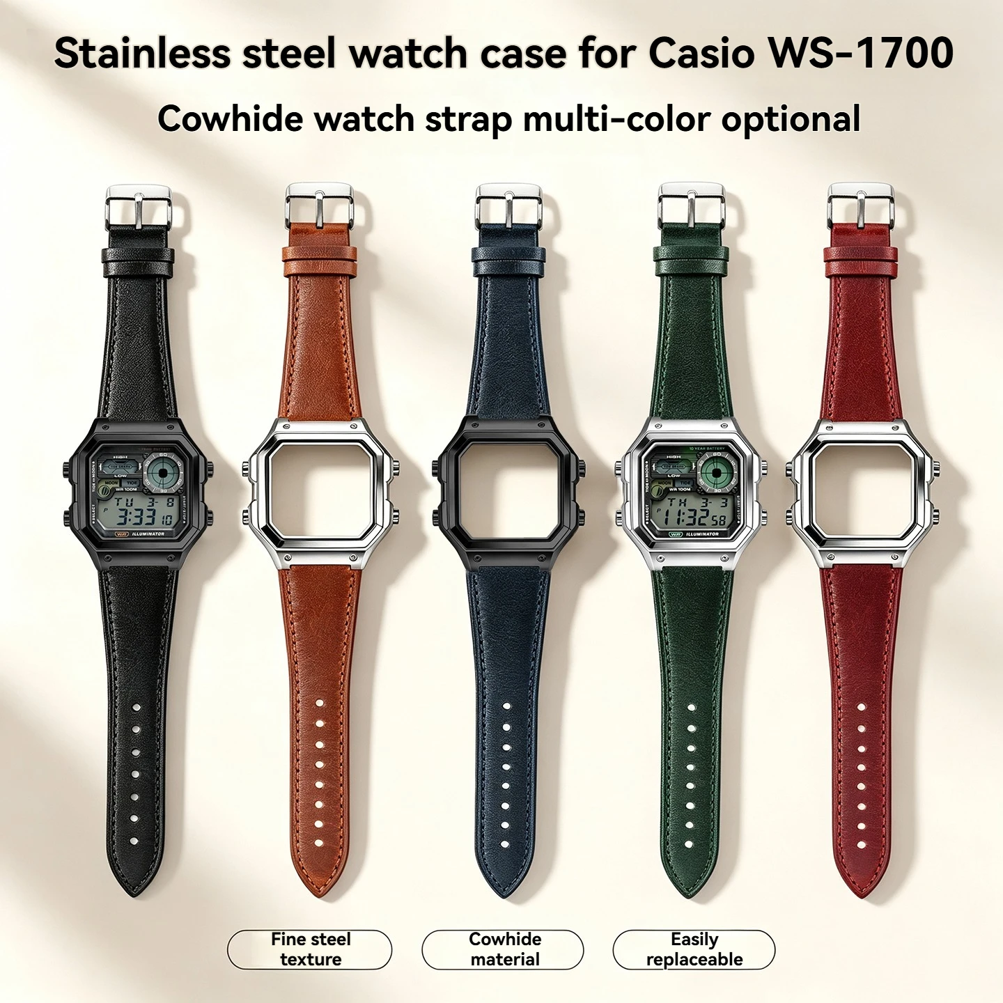 Фото Премиальный набор для модификации часов Casio AE1200/WS-1700H/WS1600 - корпус из нержавеющей стали + ремешок из натуральной кожи для мужчин №1