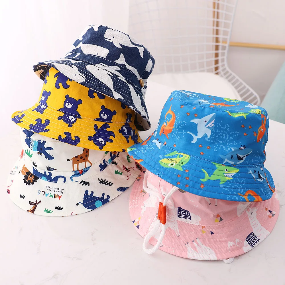 

Spring Summer Thin Breathable Kids Bucket Hats Unisex Baby Sun Hats with Windproof Rope Children Outdoor Caps 6months-8years Old