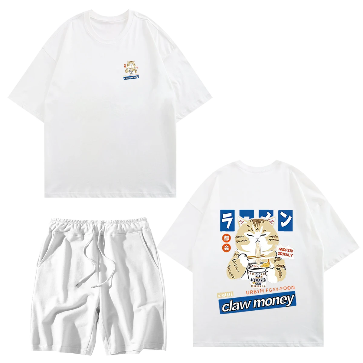 Harajuku Cat Fashion Anime T-Shirts Sets Men Cotton Print Japanese Style Tracksuit Shorts Suit Oversized Man Clothing Streetwear