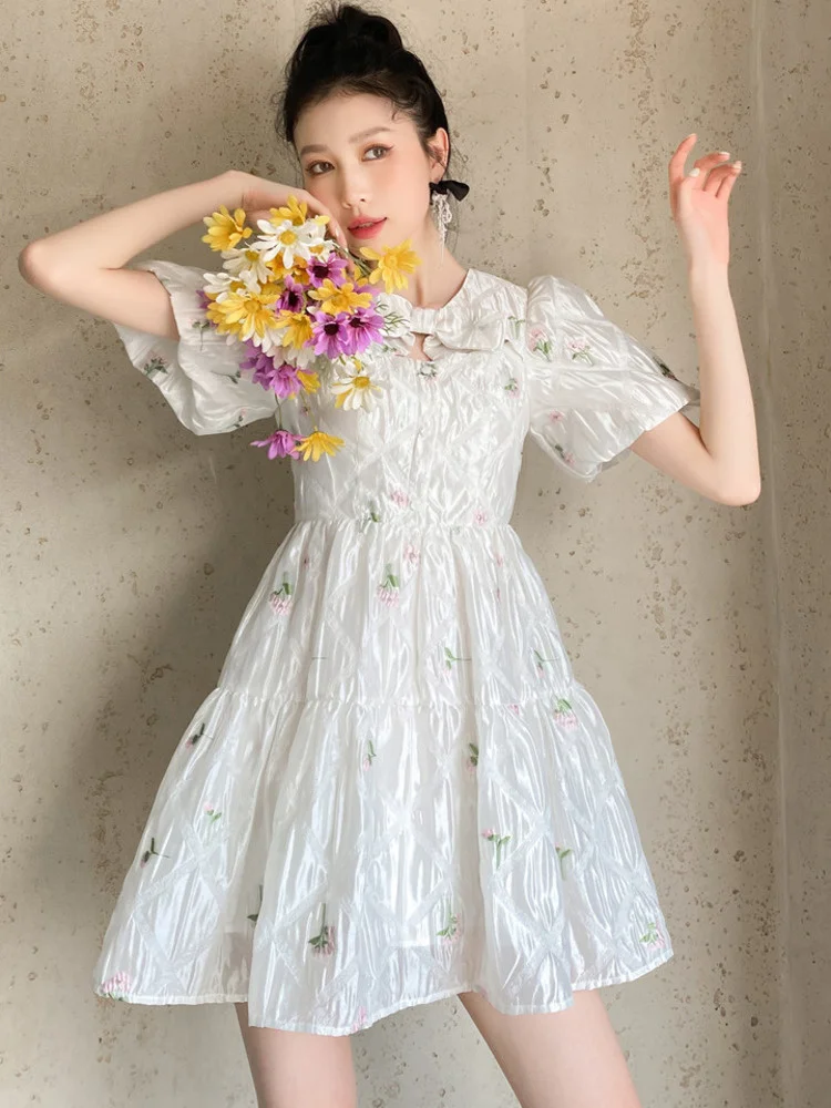 

Bow Knot Floral Dress Women's 2022 Summer Short Puff Sleeves High Waist Printing Round Neck Fashion Clothing G033