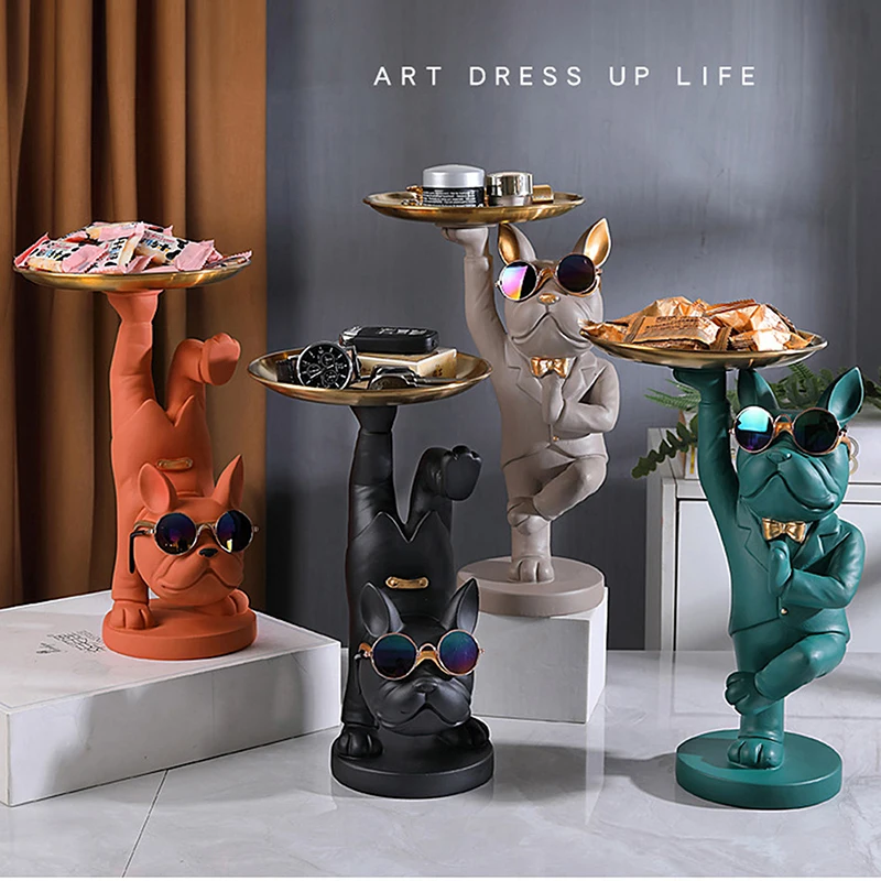 

Modern KungFu Dog Sculpture Statue Resin Bulldog Animal Figurines with Tray Keys Candy Storage Basket Home Hotel Room Decor