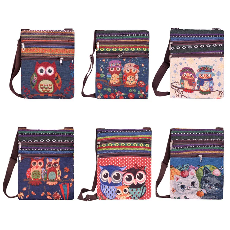 

Ethnic Style Lucky Owl Shoulder Bag Linen Cute Cat Jacquard Diagonal Bag Female Fashion Creative Valentine's Day/birthday Gifts