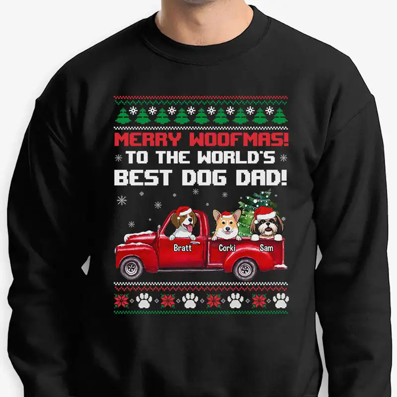 

Cotton Graphic Sweatshirts Long Sleeeve Print Merry Woofmas Best Dog Dad, Personalized Custom Sweaters,Christmas Gifts Pullover