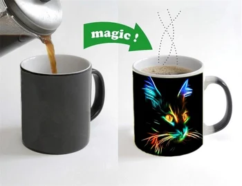 Magic Cat Cups Shiny Black Cool Cat Cup Beer Mugs Color Changing Coffee Mug Heated Changing Color Water Tea Cup Heat Reveal Mug