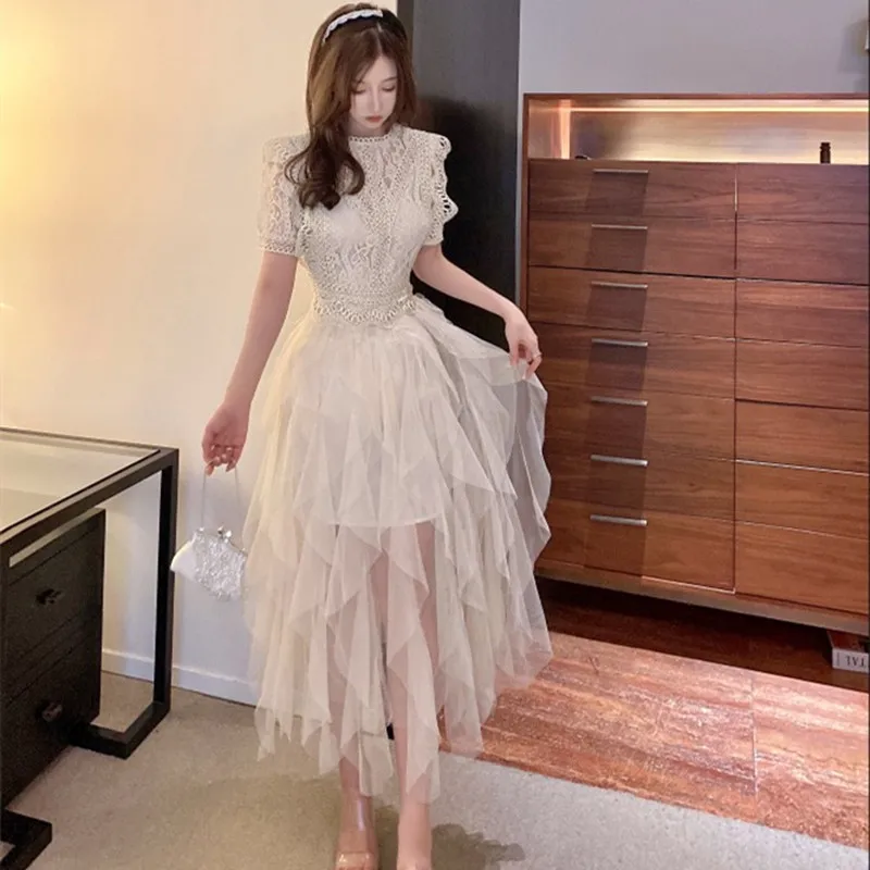 

Woman Summer Dresses 2021 New Fashion Lace Patchwork Mesh Long Dress Female Vintage Short Sleeve Slim Waist Irregular Dress