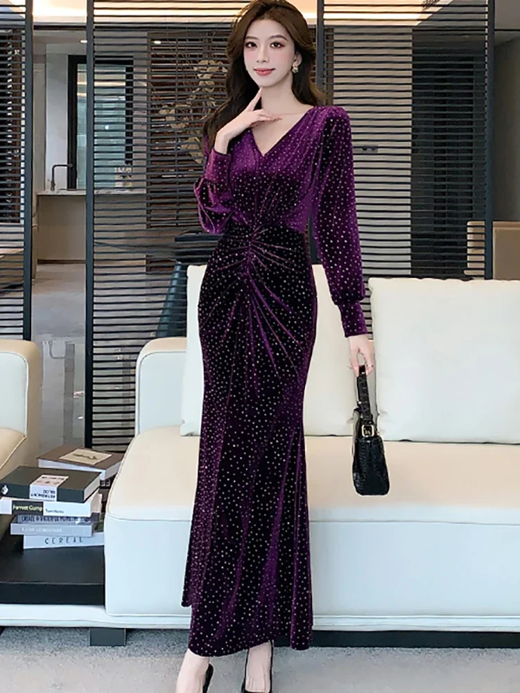 2025 фиолетовое бархатное шикарное платье макси с блестками в горошек женское