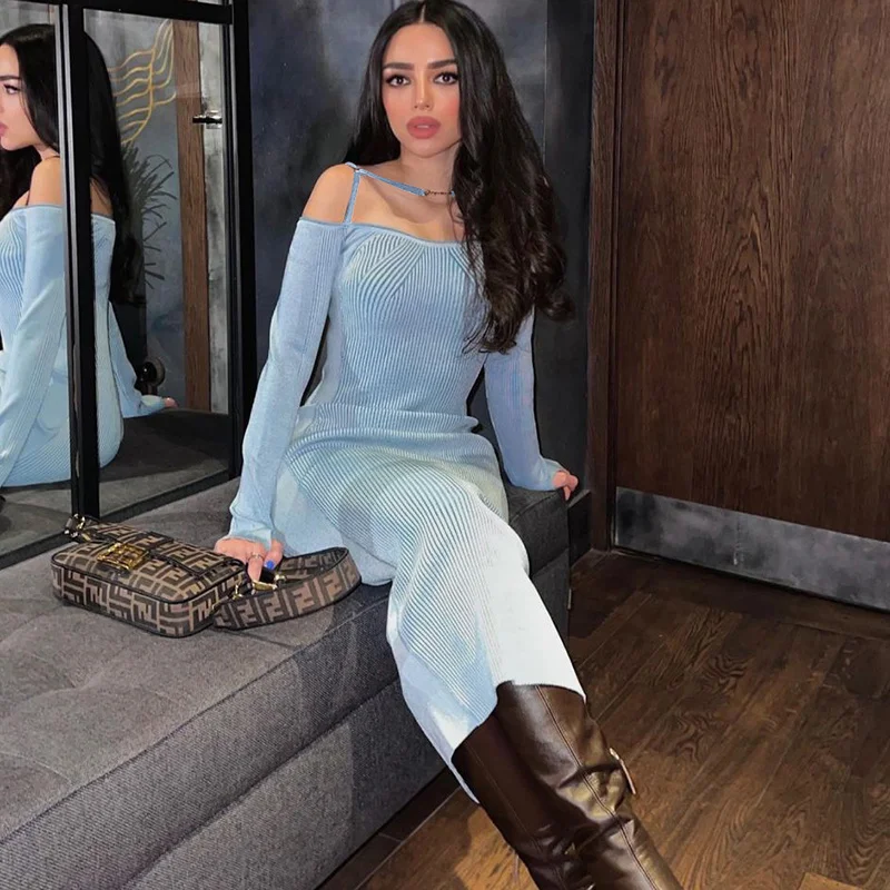 

Zoctuo Solid Ribbed Women Long Sleeve Off Shoulder Strap Midi Dress Bodycon Sexy Streetwear Party Club Festival Evening 2022