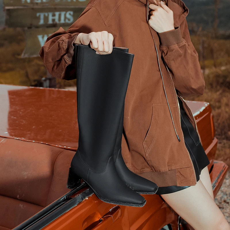 Women Boots 2022 New Luxury Cowhide Thin High Heel Boutique Women Shoes Sexy Square head Elegant Lady Knee High Knight Boots